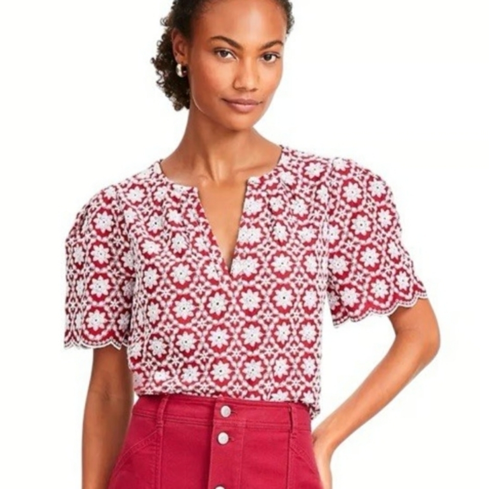 Loft Floral Embroidered Scalloped Sleeve Blouse Sz Small  Red Top Eyelet Preppy